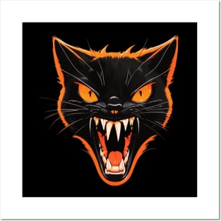 Scaredy Black Cat Hissing Face Vintage Halloween Posters and Art